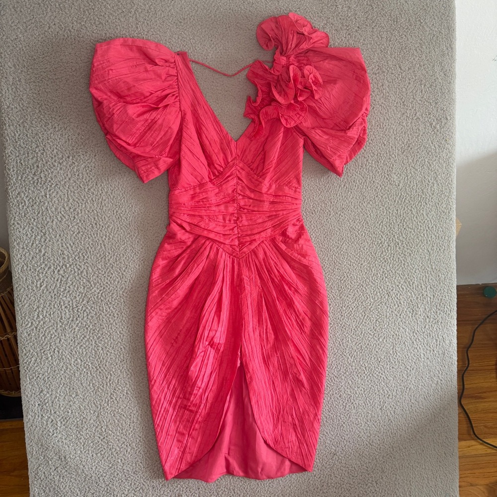 Vintage 80s Pink Puff Sleeve Cocktail Dress sz 10 Hot Pink Ruffle Ruched - Picture 4 of 10